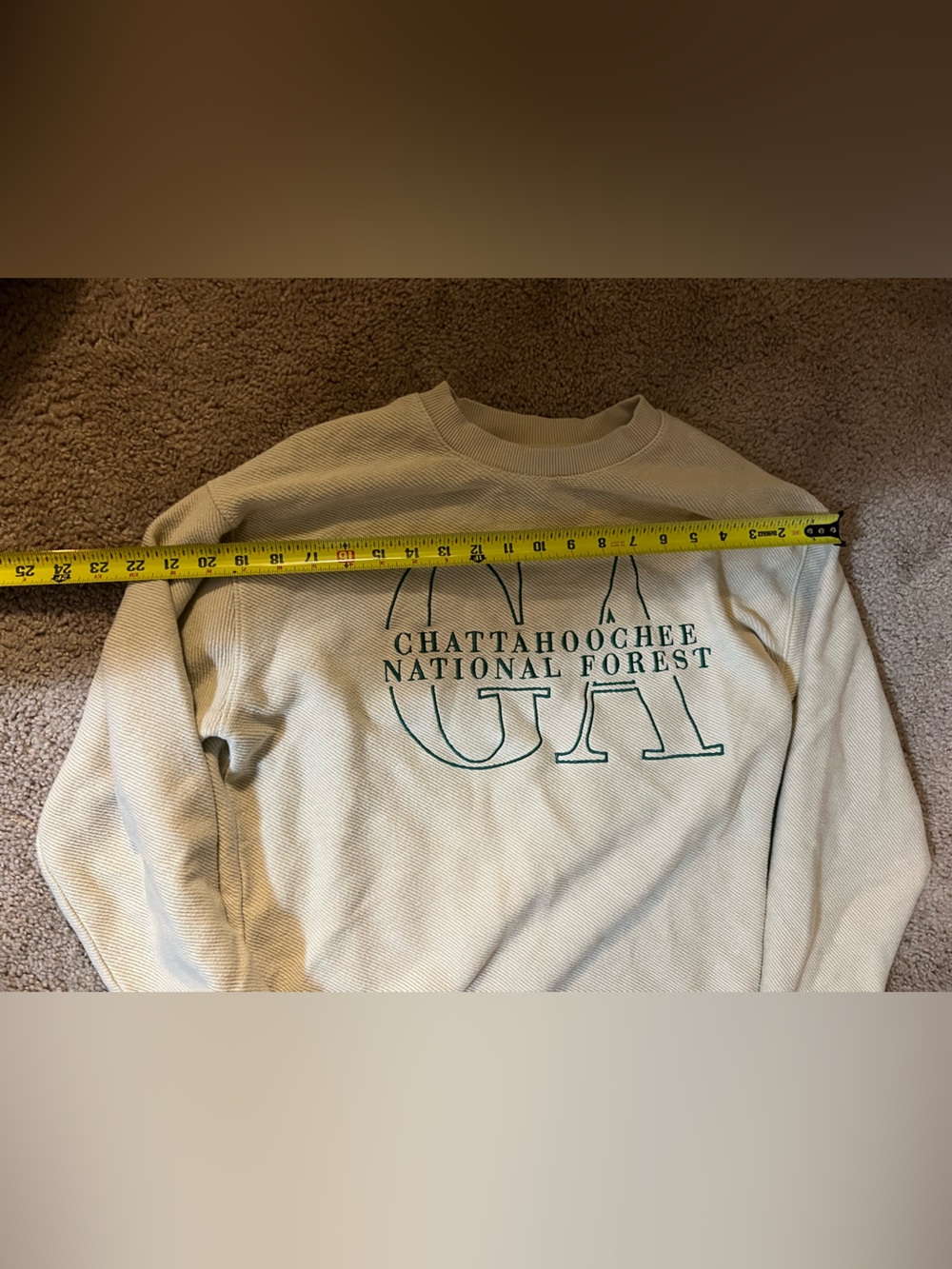 League Beige Crewneck Sweater with Green Lettering Chattahoochee National Forest - Picture 3 of 5